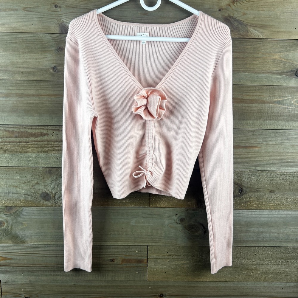 Aerie Womens Sweater Long‎ Sleeve Cinch Tie Front Ribbed Flower Pink Soft Large